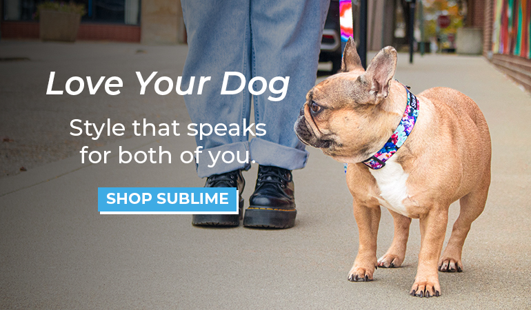 Banner reading “Love Your Dog,” “Style that speaks for both of you,” and “Shop Sublime.” A French bulldog wearing a colorful Sublime collar and leash stands on a city sidewalk beside a person in rolled‑up jeans and black shoes.